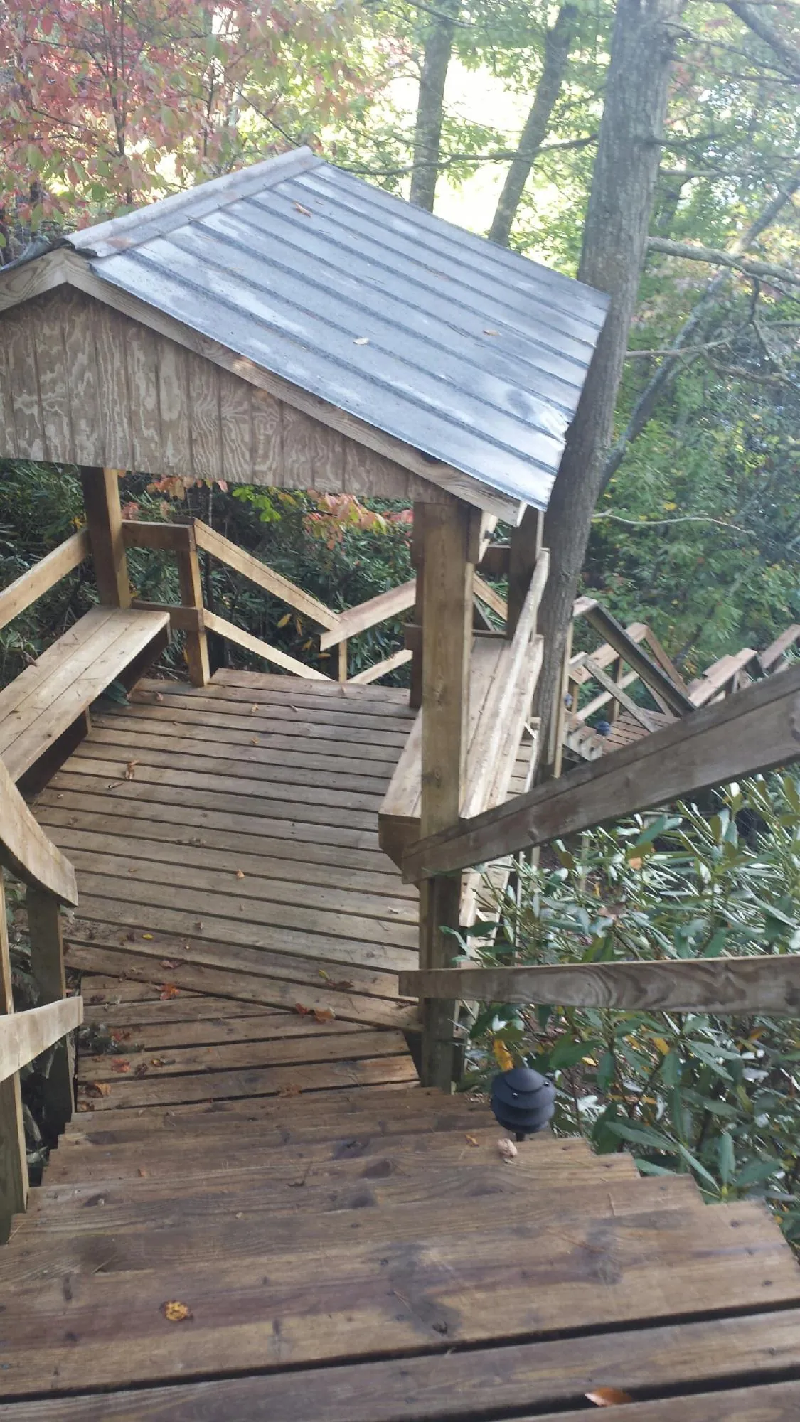 Metal roofed shelter over wooden steps on a wooded walkway — Skylight Repair & Installation work by our crew in Lincoln Park